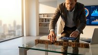 Professional businessman analyzing market trends with wooden letter blocks spelling trend analysis on modern office desk during golden hour sunlight.