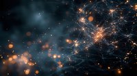 Glowing orange particles and light trails create dynamic network connections against dark background, suggesting neural networks or cosmic phenomena.
