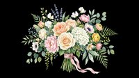 Lush bridal bouquet with peach roses, pink peonies, white hydrangea, lavender, and eucalyptus greenery tied with ribbon. Isolated on transparent background, ready for wedding invitations, stickers, t-shirt designs, and print-on-demand products.