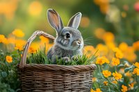 Adorable gray bunny sitting in wicker basket surrounded by yellow spring flowers and green grass, creating charming Easter or spring seasonal composition.