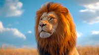 Majestic male lion with golden mane illuminated by warm sunlight against blue sky and dry savanna grass, dramatic wildlife portrait capturing regal strength and power.
