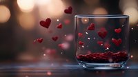 Glass with floating red glitter hearts against blurred bokeh background creates romantic Valentine's Day atmosphere, soft focus artistic composition.