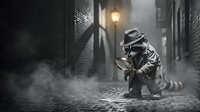 Detective in trench coat and fedora crouching in foggy alley examining evidence under streetlight creating dramatic film noir atmosphere for mystery stories.