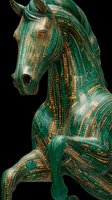 Digital horse sculpture with emerald green and gold binary code patterns on black background, representing technology and nature fusion.