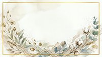Watercolor floral frame with cotton flowers, eucalyptus, and dried botanicals in neutral beige tones, golden border, copy space for wedding or greeting card.