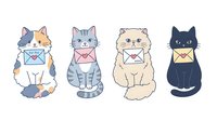 Four adorable cartoon cats holding colorful envelopes in their mouths, perfect for mail delivery themes, communication concepts, and pet-related designs.