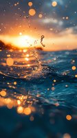 Water splash creating crown shape against golden sunset sky, with bokeh light effects and ocean waves for summer mood.