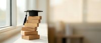 Graduation cap on stack of wooden blocks symbolizing educational achievement and academic success for learning concepts.