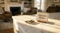 House keys and Welcome Home sign on marble counter, cozy living room background, real estate and moving concept.