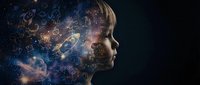 Young woman profile with cosmic space overlay featuring stars, galaxies and mathematical formulas representing artificial intelligence and scientific discovery.
