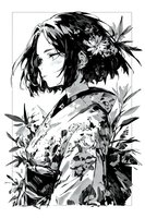 Young Asian woman in kimono with floral hair ornaments, shown in profile against botanical elements. Black and white artistic ink style illustration with dynamic brushstrokes.