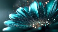 Turquoise flower petals with magical sparkles and bokeh lights creating dreamy macro photography effect, glowing in dark background with ethereal atmosphere.
