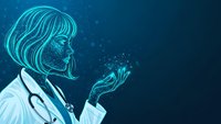 Female doctor in white coat with stethoscope holding glowing digital particles representing medical innovation and healthcare technology advancement.