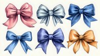 Decorative bows in pink, silver, navy and golden colors drawn in watercolor style on light background, isolated elements for festive design and gift wrapping.