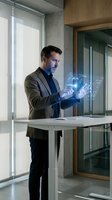 Professional businessman using holographic interface technology in modern office environment for futuristic digital innovation and virtual reality applications.