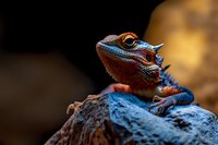 Colorful lizard with vibrant blue and orange scales perched on a rock, displaying detailed texture and natural wildlife characteristics for nature and animal content.