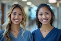 Two smiling Asian female healthcare professionals in blue scrubs standing together in hospital corridor, representing teamwork in medical field.