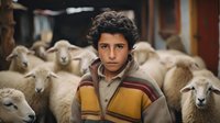 Young Hispanic shepherd in striped sweater stands among flock of white sheep on farm, serious expression, rural lifestyle and traditional agriculture scene.