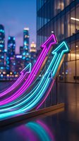 Neon arrows pointing upward in vibrant pink and blue colors against urban cityscape at dusk representing business growth and financial success.