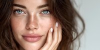 Young Caucasian woman with natural freckled skin touching face gently, showcasing healthy skincare routine and natural beauty for cosmetic advertising.