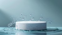 Effervescent tablet dissolving in water with dynamic splash and floating bubbles against turquoise background, perfect for pharmaceutical and healthcare advertising.