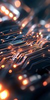 Glowing orange circuit paths on dark background with bokeh light effects create futuristic technology pattern for digital transformation concepts.