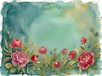 Watercolor floral background with pink peonies and gold leaves on teal, offering copy space for text or design elements.
