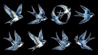Watercolor flying birds in blue tones, isolated on transparent background. Ready for t-shirt design, clipart, stickers, sublimation, print-on-demand products and digital crafts.