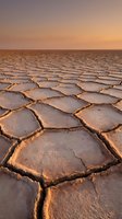 Cracked salt flat surface with hexagonal patterns stretching to horizon under warm golden sunset sky creating dramatic desert landscape for travel content.