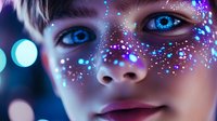 Glowing blue eyes and sparkly face makeup with pink and purple glitter dots create magical beauty look against dark background with bokeh lights.