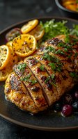 Grilled chicken breast sliced and garnished with fresh herbs, served with caramelized citrus and cranberries on dark plate. Close up food photography.