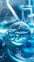 Laboratory glassware with bubbles in blue liquid, close-up view of scientific research equipment for chemistry experiments and analysis.