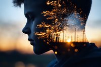 Double exposure portrait combining young woman silhouette with sunset forest and power lines, creating dreamy atmospheric mood with golden light and bokeh effect.