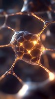 Glowing neuron cell with synaptic connections in dark background showing electrical impulse activity and neural network communication for medical science visualization.