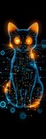 Futuristic digital cat silhouette with glowing circuit patterns and neon elements in blue and orange colors on black background, cyberpunk style artwork.