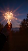 Hand holding glowing lightbulb with campaign text and network connections against twilight sky for marketing and advertising strategy concepts.