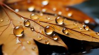 Raindrops on golden autumn leaf create natural magnifying effect, with water beads reflecting light against dark background. Macro nature photography.