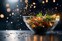 Fresh salad with vegetables and spices splashing in glass bowl against dark background with magical bokeh lights and water drops in motion.