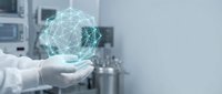 Scientist in white lab coat and gloves holding glowing digital globe network in modern laboratory setting with equipment background.