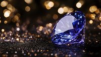 Sparkling blue sapphire gemstone on dark glittering surface with golden bokeh lights in background creates luxurious jewelry atmosphere.