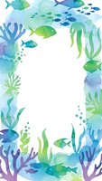 Watercolor underwater sea life frame with tropical fish, coral reef, seaweed and marine plants in blue and green tones on white background for ocean themed designs.