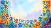 Colorful paw prints in rainbow hues frame a soft watercolor sky background, creating a cheerful design suitable for pet-related projects, animal lovers' merchandise, and veterinary branding materials.
