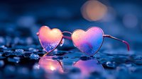 Heart-shaped pink sunglasses with water drops reflecting neon lights on wet surface. Romantic mood with bokeh effect in dark blue background creates dreamy atmosphere.