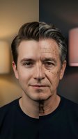 Middle-aged Caucasian man showing aging process with half young half old face split comparison for skincare and anti-aging treatment concepts.