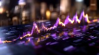 Glowing financial chart with purple and orange gradient waves showing market data analysis on dark background with bokeh effect and selective focus.
