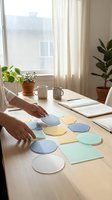 Hands arranging pastel color swatches and geometric shapes on a wooden desk in a bright modern workspace with plants and notebooks.