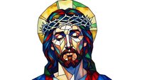Stained glass style portrait of Jesus Christ with crown of thorns and halo in colorful mosaic art technique for religious and spiritual designs.