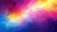 Vibrant cosmic nebula with colorful gradient from deep blue to magenta and golden yellow, scattered with glowing stars and cosmic dust.