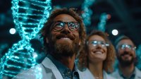 Middle-aged male with full beard and glasses, appearing to be a scientist or researcher of Caucasian ethnicity, gazing upward in wonder at glowing turquoise DNA helix structures in a modern laboratory setting with blurred colleagues in background.