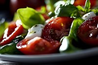 Fresh caprese salad with ripe tomatoes, mozzarella cheese and basil leaves drizzled with balsamic glaze on white plate for Italian cuisine and healthy eating.